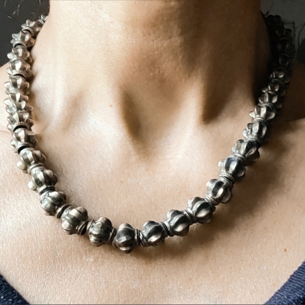 Vintage Antique Tribal Turkish Beaded Sterling Silver Nacklace Heavy 73gr